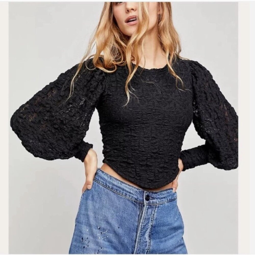 Free People Tea Time Black Textured Knit Crop Top Cut Out Back Women's Small - Picture 1 of 15